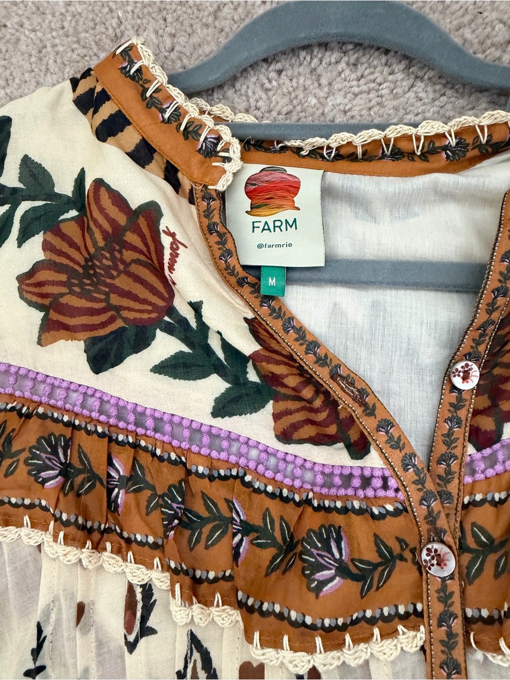 FARM Rio Cream, Rust & Purple Floral Tiered Long-Sleeve Mini Dress - Picture 2 of 4